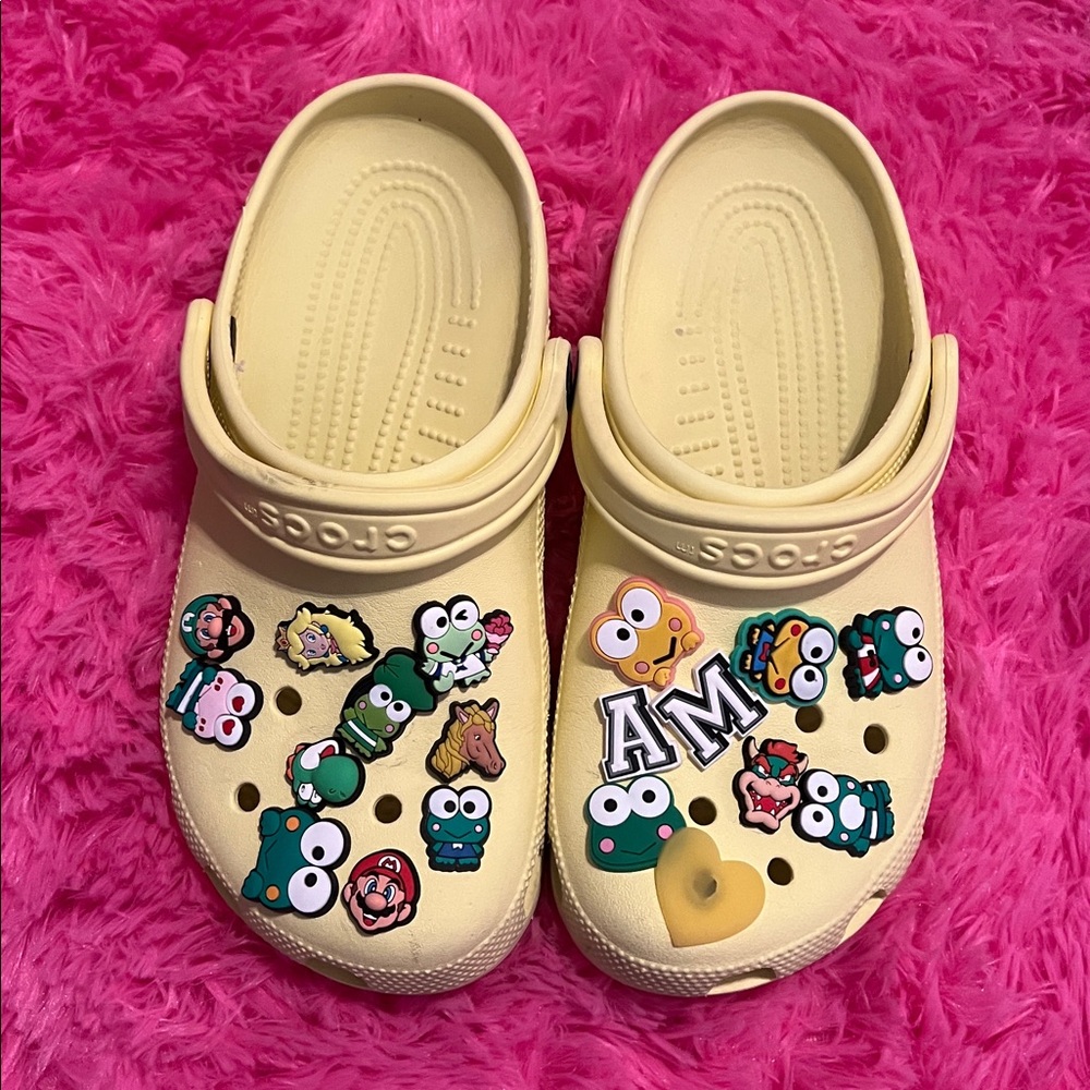 CROCS Yellow Clogs with Fun Cartoon Charms